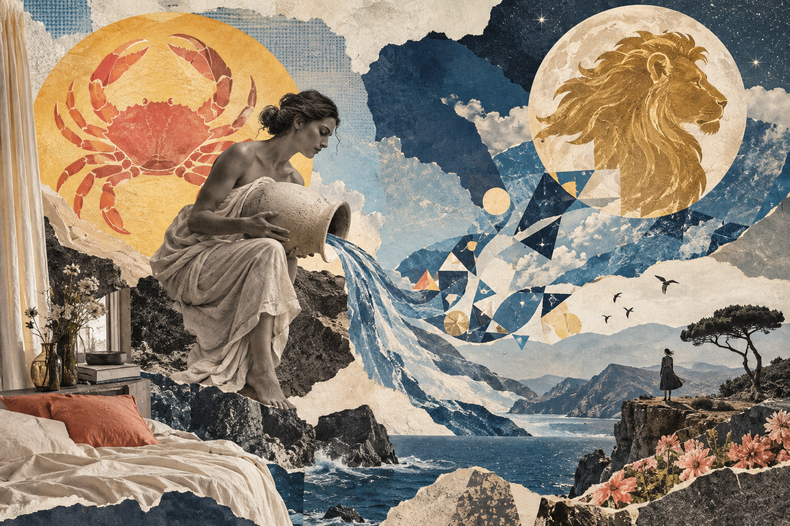 Editorial collage of a Cancer crab in the sun, an Aquarius water bearer, and a Leo lion in the moon