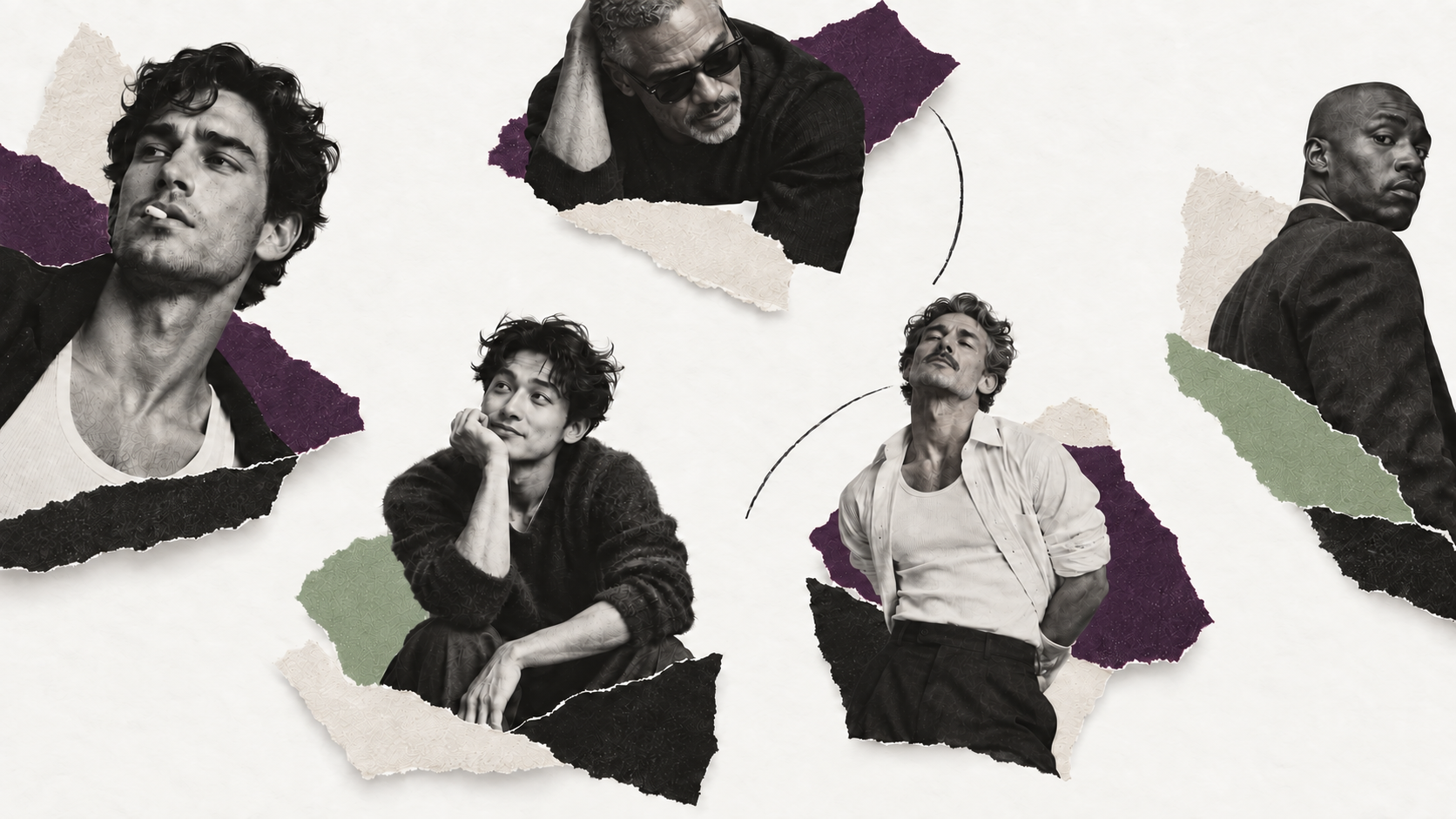 Five men in a black-and-white paper collage with aubergine and sage accents