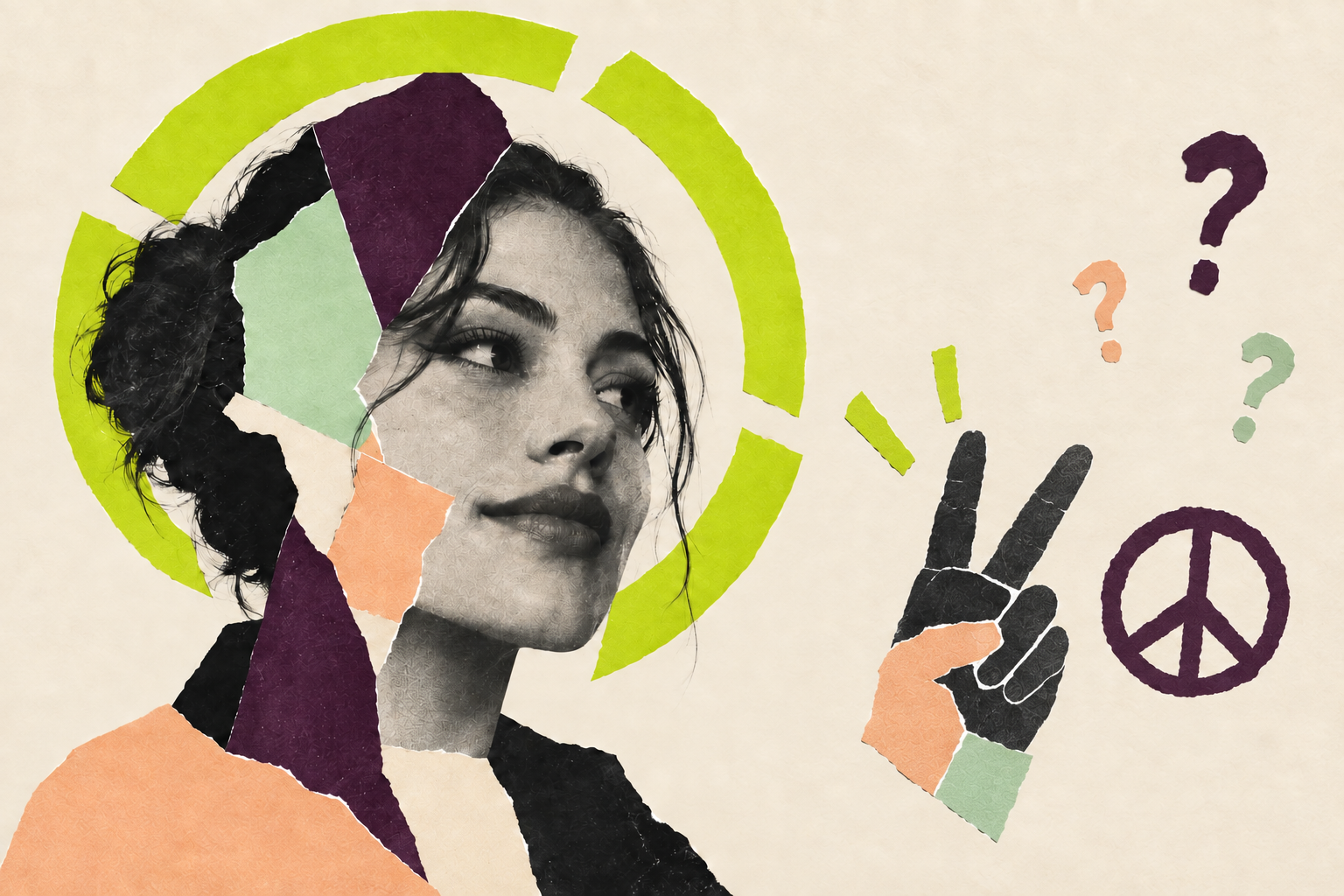 Editorial collage of a calm woman framed by a broken lime halo, with question marks and peace symbols