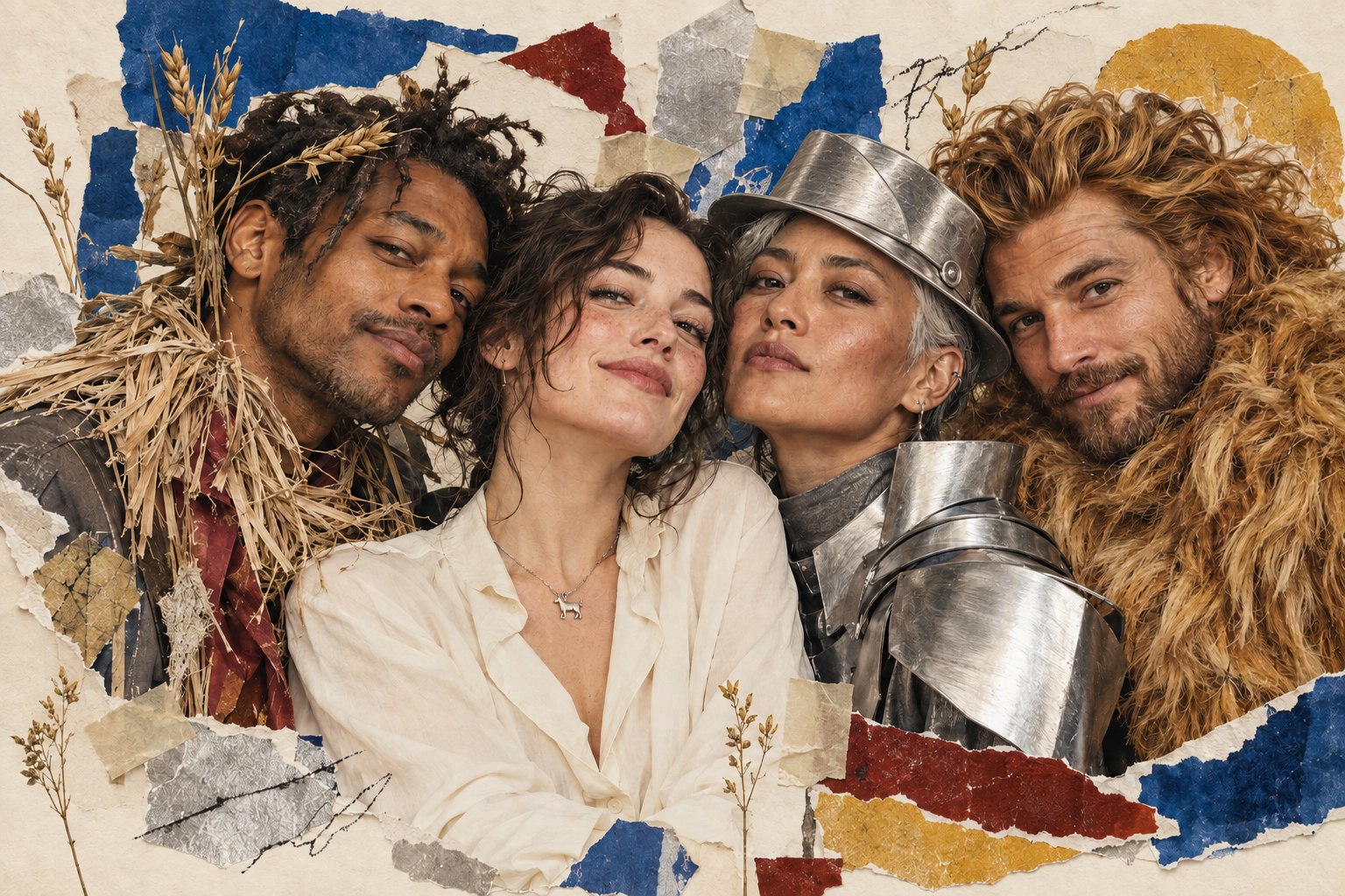 Modern collage of Dorothy with the Scarecrow, Tin Woodman in a silver hat, and Cowardly Lion