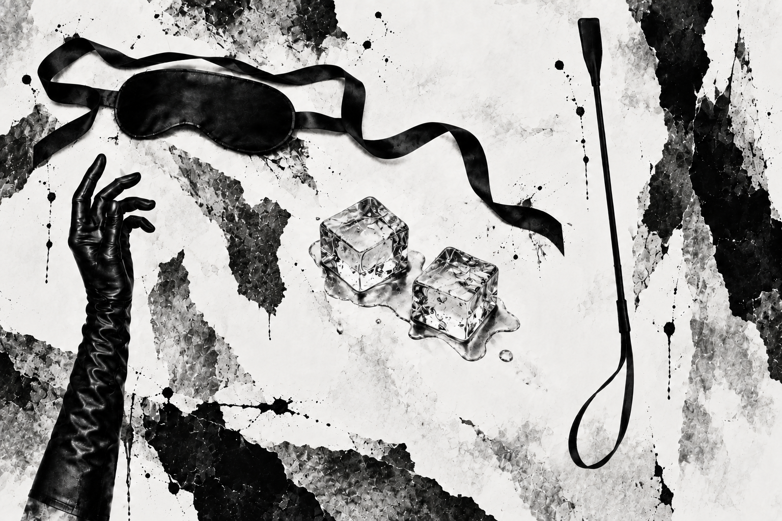 A black-and-white editorial collage of a tied blindfold, rising glove, two melting ice cubes, and torn-paper textures
