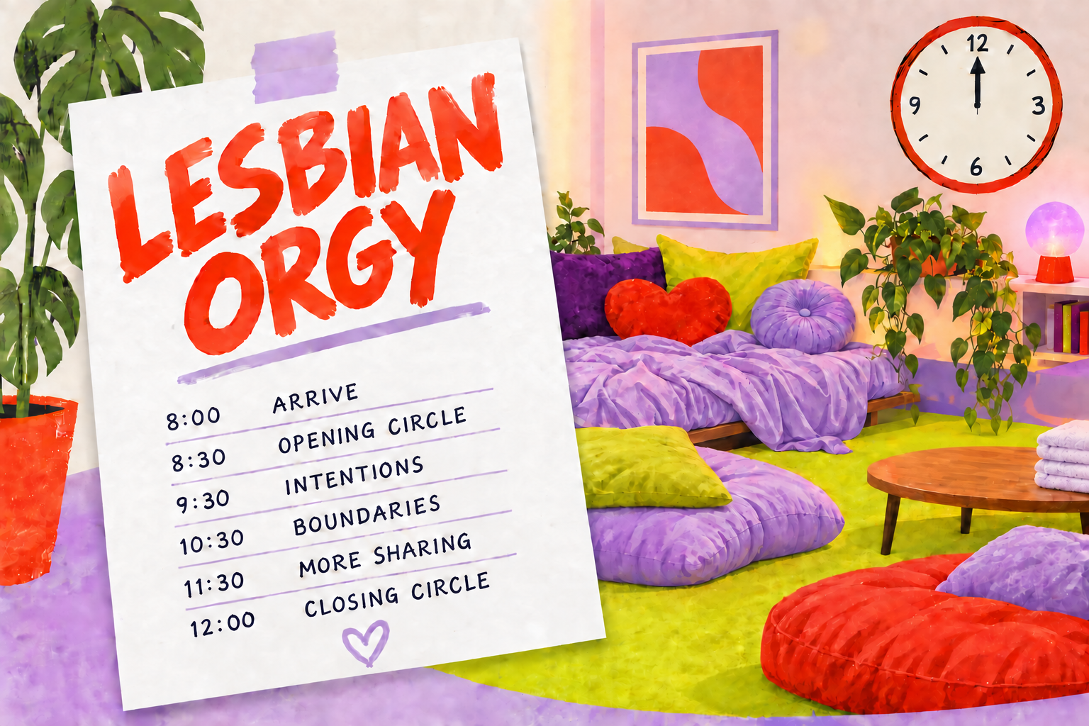Illustrated invitation for a lesbian orgy whose schedule ends with a midnight closing circle before any play begins