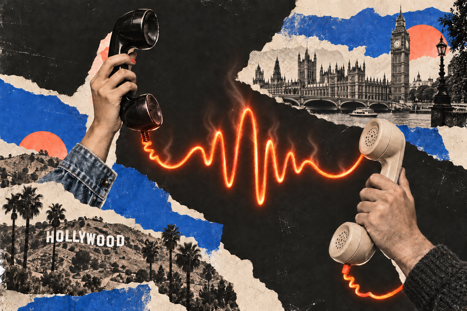 Editorial collage of Hollywood and Big Ben, with two telephone receivers connected by a steaming waveform