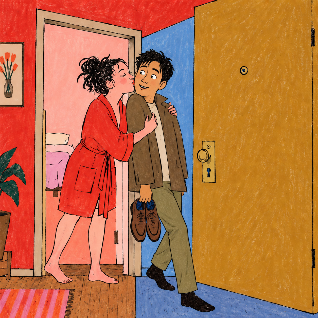 A woman in a red robe kisses a departing man’s cheek at her bedroom door