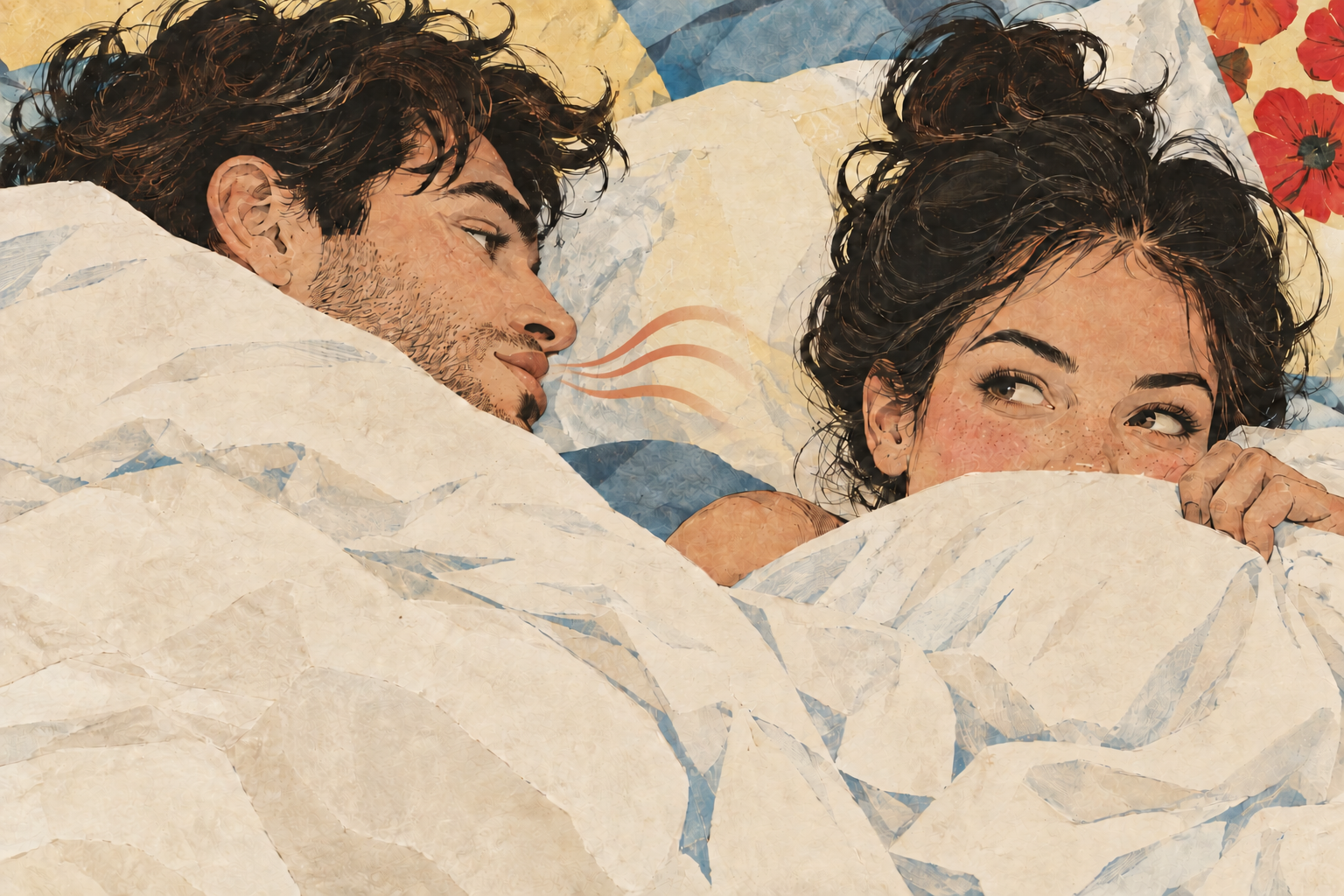 Illustration of a man whispering to a woman in bed as she gives him a curious sideways glance
