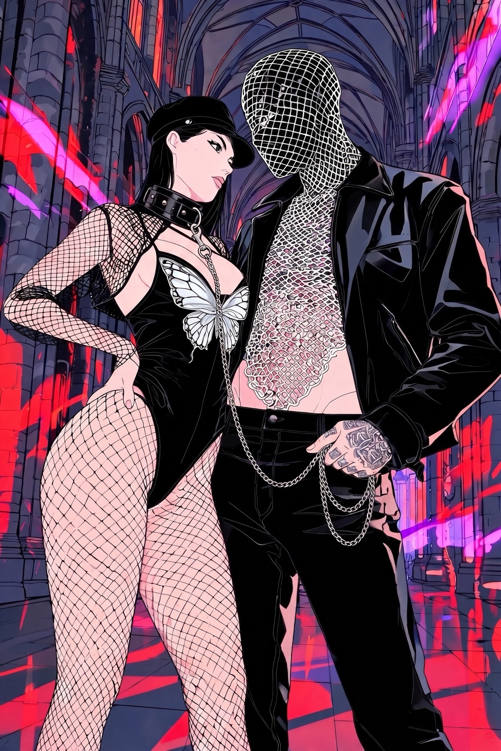 Illustration of two figures in black mesh and leather beneath neon-lit gothic arches
