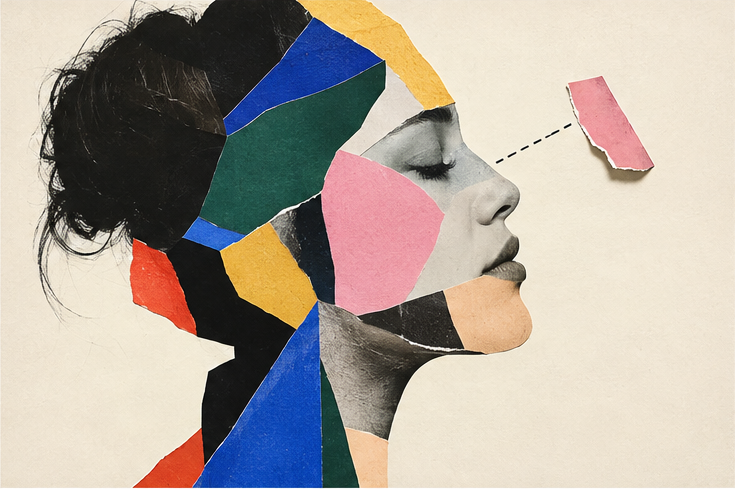 Collage portrait of a woman assembled from colorful pieces, with one piece shifted out of place